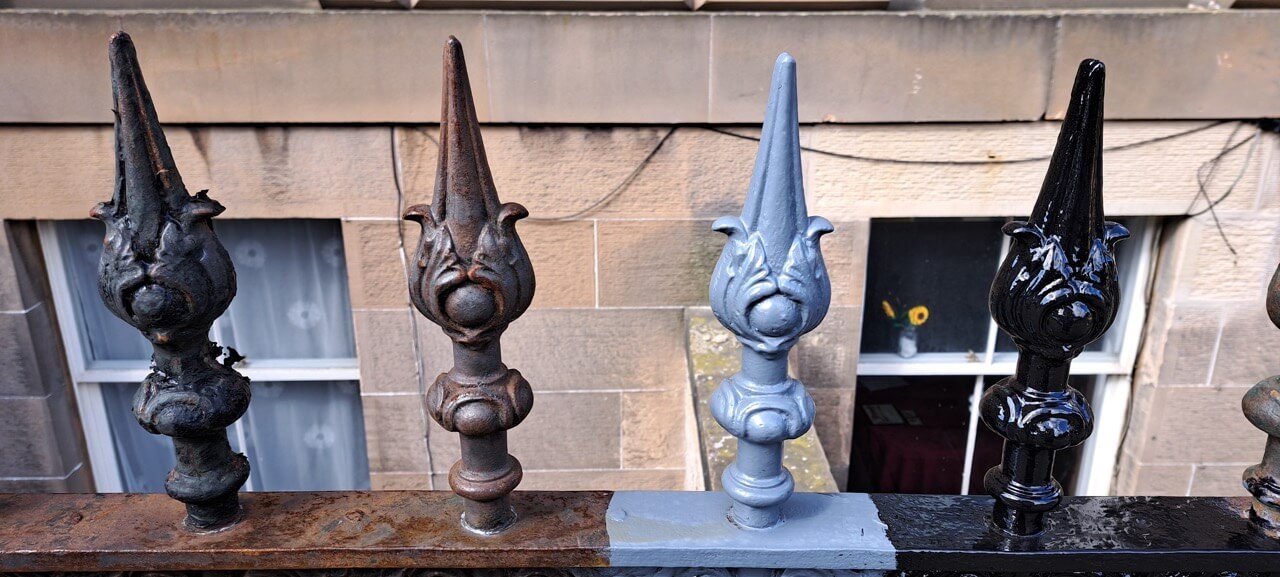 Four stage railing painting and restoration process developed by Painted Black in Edinburgh